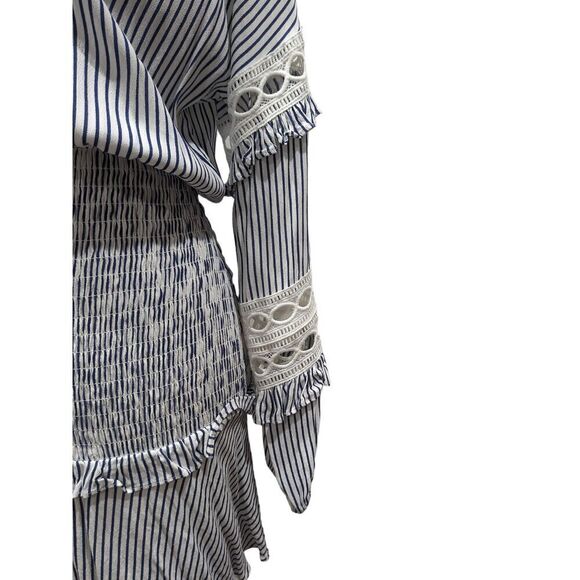Aqua Anthropologie Striped Smocked Long Sleeve Crochet Tassel Tie Mini Dress, XS - Picture 8 of 14